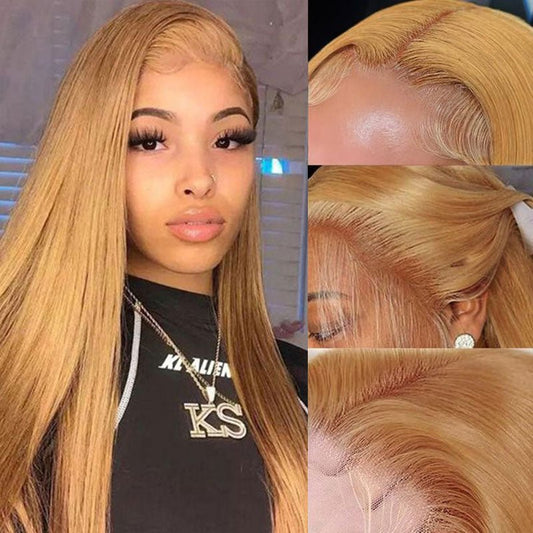 27# Honey Blonde Colored Straight Wig 13x4 Lace Front Human Hair Wigs Brazilian Remy Hair - Alibonnie