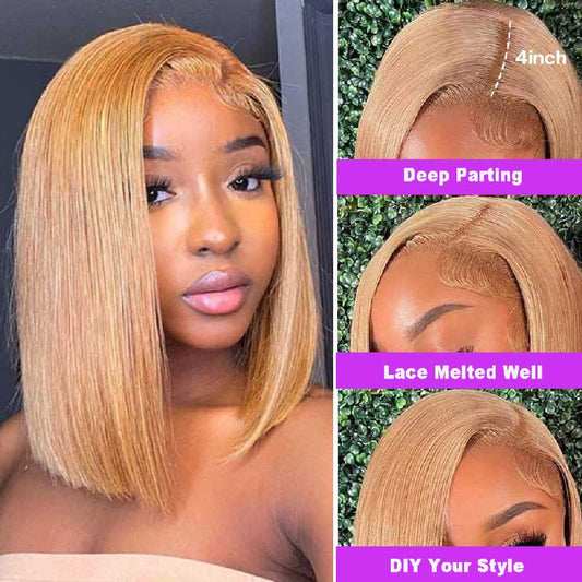 Alibonnie #27 Honey Blonde Short Straight Bob 4x4/13x4 Lace Wig Human Hair Wig For Women - Alibonnie