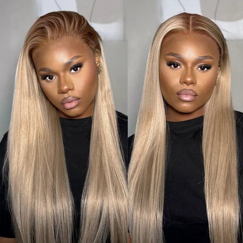 Alibonnie Ash Blonde Dark Root Straight 13x4 Transparent Lace Frontal Wig Pre Plucked Human Hair Wig 180% Density - Alibonnie