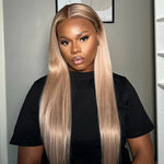 Alibonnie Ash Blonde Dark Root Straight 13x4 Transparent Lace Frontal Wig Pre Plucked Human Hair Wig 180% Density - Alibonnie