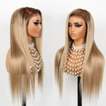 Alibonnie Ash Blonde Dark Root Straight 13x4 Transparent Lace Frontal Wig Pre Plucked Human Hair Wig 180% Density - Alibonnie