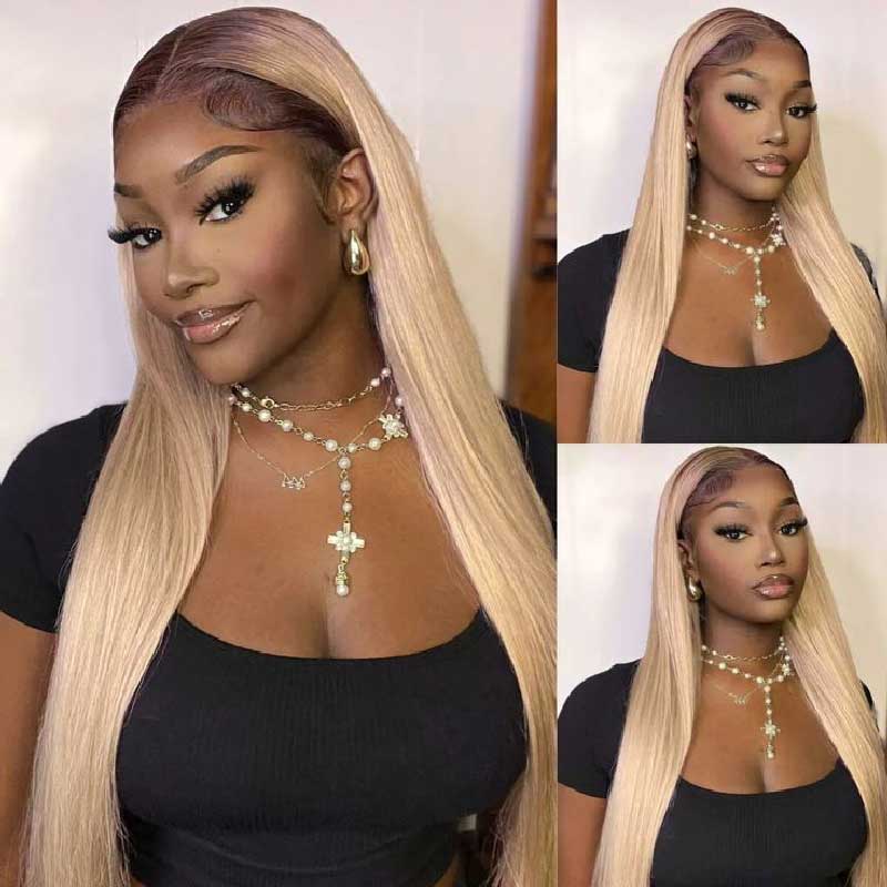 Alibonnie Ash Blonde Dark Root Straight 13x4 Transparent Lace Frontal Wig Pre Plucked Human Hair Wig 180% Density - Alibonnie