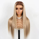 Alibonnie Ash Blonde Dark Root Straight 13x4 Transparent Lace Frontal Wig Pre Plucked Human Hair Wig 180% Density - Alibonnie