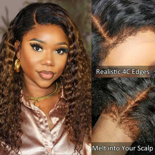 Alibonnie Ombre Brown 4C Edges Hairline Deep Wave Wig Wear & Go 5x5 Transparent Lace Wig 100% Human Hair - Alibonnie