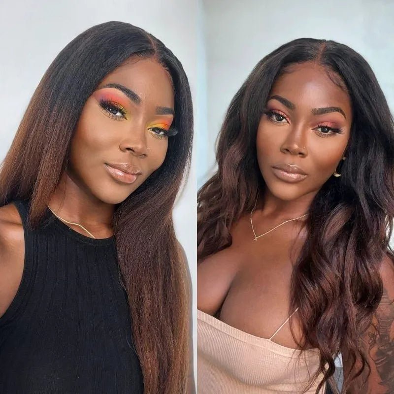 Alibonnie Upgrade Black Brown Ombre Yaki Straight/Body Wave Invisi Strap 360 Skin Lace Frontal Pre Everything Glueless Wigs - Alibonnie