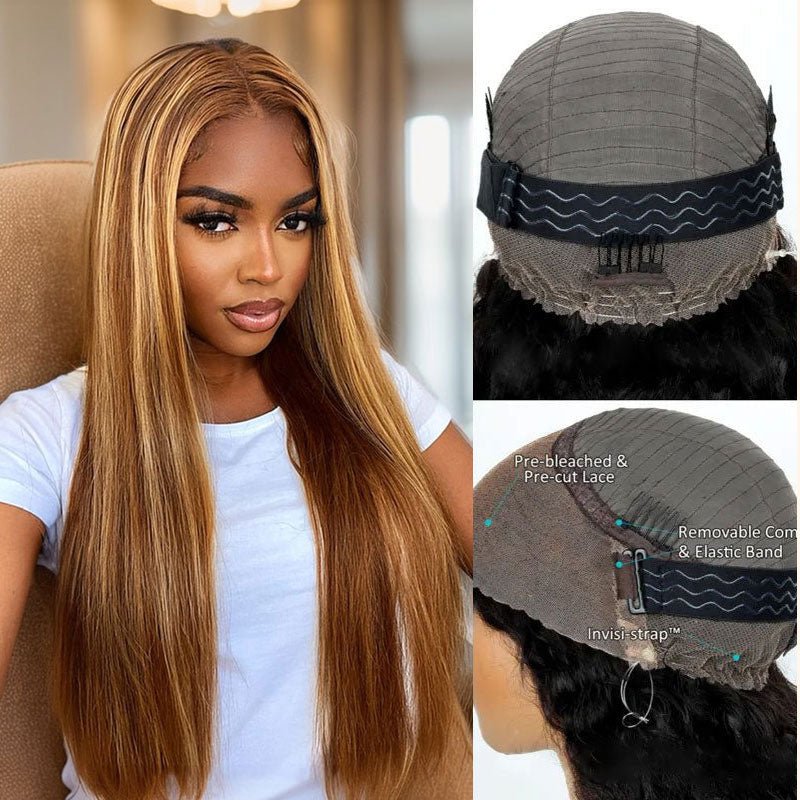 Alibonnie Upgraded 4/27 Highlight Silky Straight Wigs Invisible Adjustable Strap Cozy Fit 360 Lace Wig With Bleached Knots 200% Density - Alibonnie