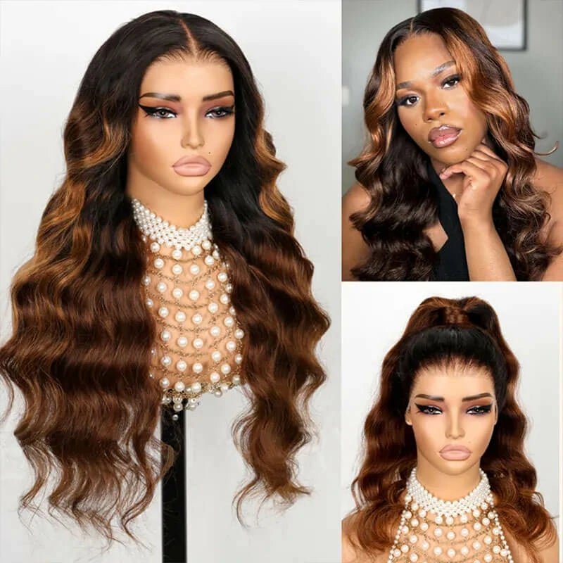 Alibonnie Upgraded Black Ombre Brown 3D Body Wave Wigs Invisi - trap 360 Lace Wig With Bleached Knots 200% Density - Alibonnie