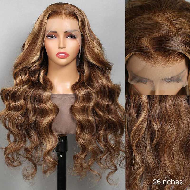 Alibonnie Upgraded Honey Blonde Highlight Body Wave Wigs Invisible Strap Cozy Fit 360 Lace Wig With Bleached Knots 200% Density - Alibonnie