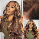 Alibonnie Upgraded Honey Blonde Highlight Body Wave Wigs Invisible Strap Cozy Fit 360 Lace Wig With Bleached Knots 200% Density - Alibonnie