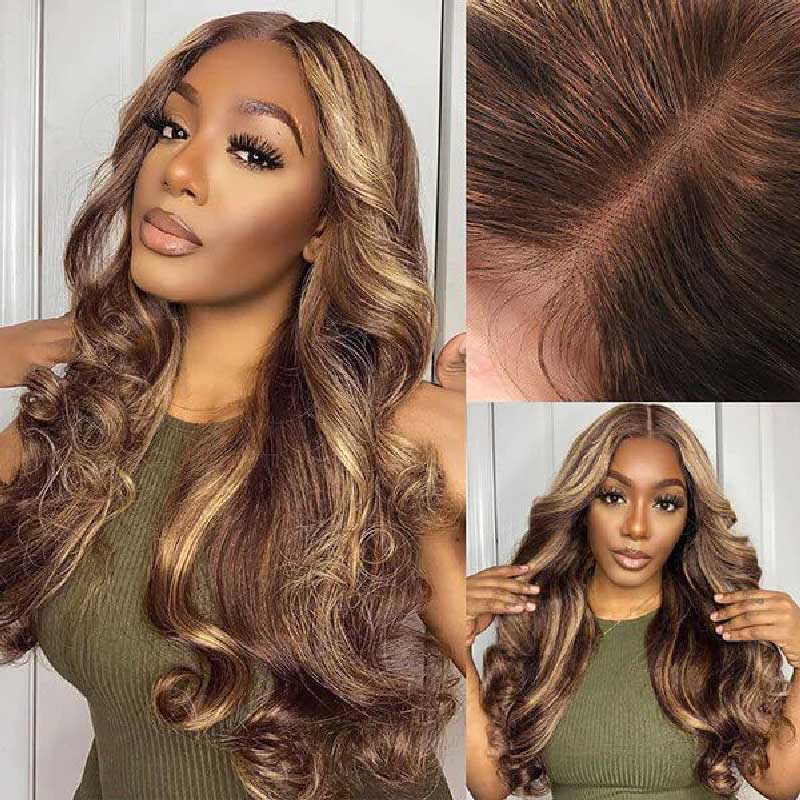 Alibonnie Upgraded Honey Blonde Highlight Body Wave Wigs Invisible Strap Cozy Fit 360 Lace Wig With Bleached Knots 200% Density - Alibonnie