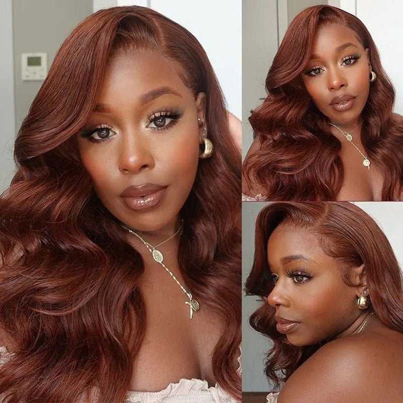 Alibonnie Upgraded Reddish Brown Body Wave Wig Invisible Strap Cozy Fit 360 Lace Wig With Bleached Knots 200% Density - Alibonnie