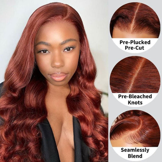 Alibonnie Upgraded Reddish Brown Body Wave Wig Invisible Strap Cozy Fit 360 Lace Wig With Bleached Knots 200% Density - Alibonnie