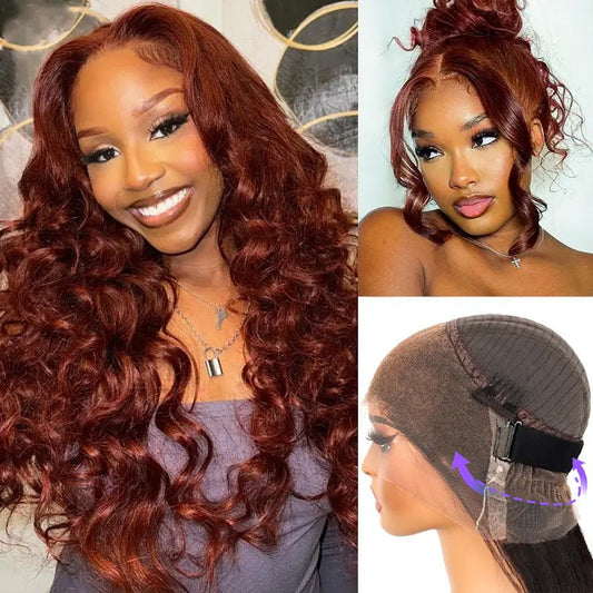 Alibonnie Upgraded Reddish Brown Body Wave Wig Invisible Strap Cozy Fit 360 Lace Wig With Bleached Knots 200% Density - Alibonnie