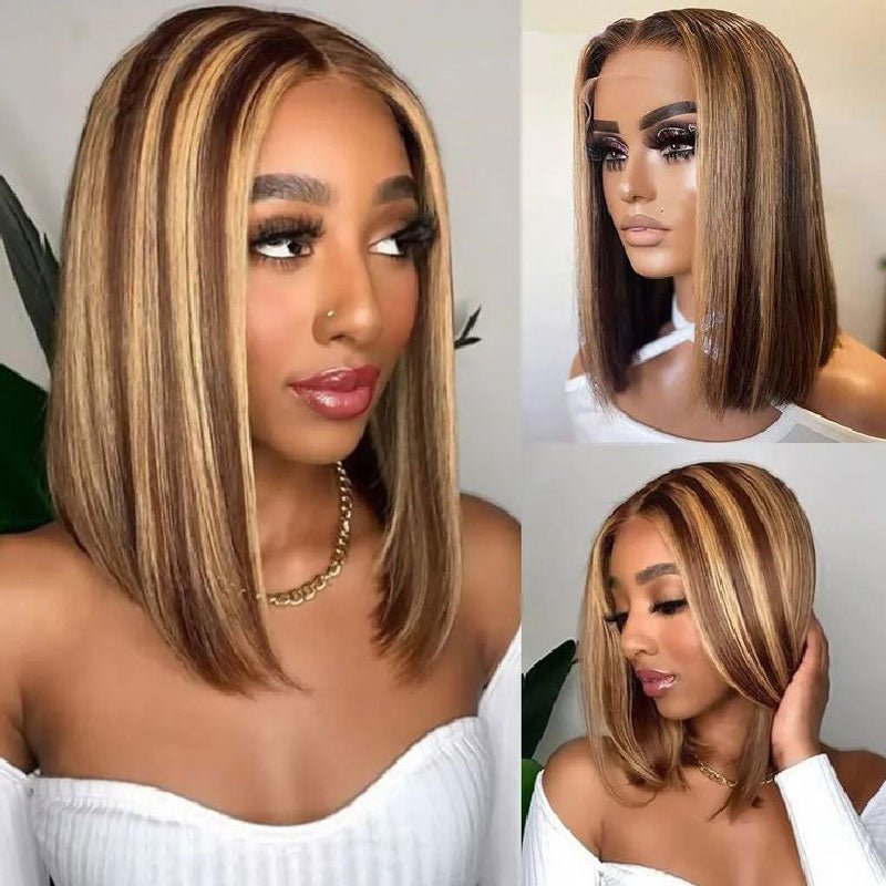 Blonde Highlight Bob Wigs Human Hair Brazilian Ombre Glueless Lace Wig Pre Plucked Ready To Wear - Alibonnie