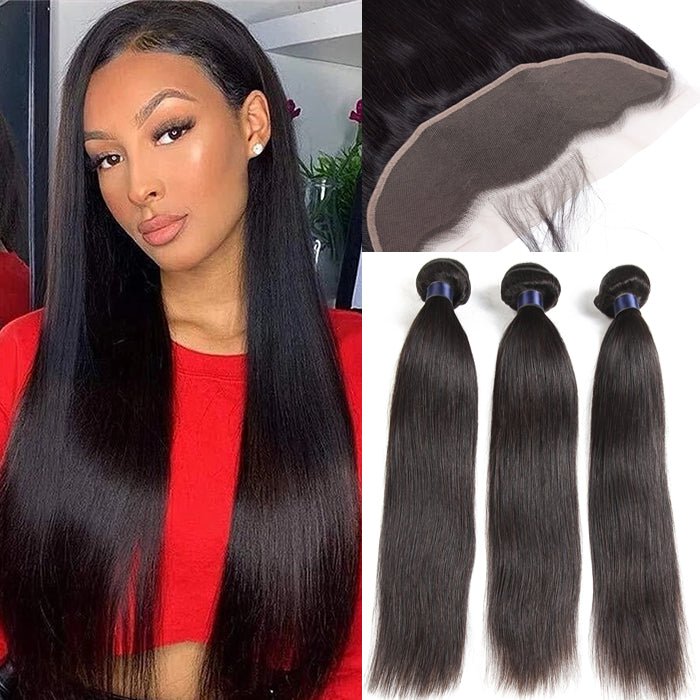 Alibonnie 12A Virgin Hair Straight 3 Bundles With 13x4 Transparent Lace Frontal - Alibonnie