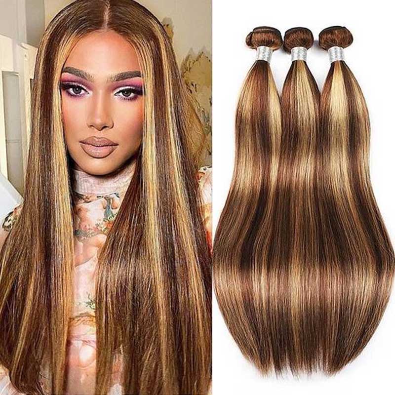 Alibonnie 4/27 Straight Hair 3 Bundles Honey Blonde Highlight Human Hair Weave For Women - Alibonnie