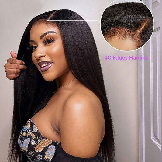 Alibonnie 4C Edge Hairline Kinky Straight 5x5 Glueless Wigs Human Hair Wigs With Curly Baby Hair - Alibonnie