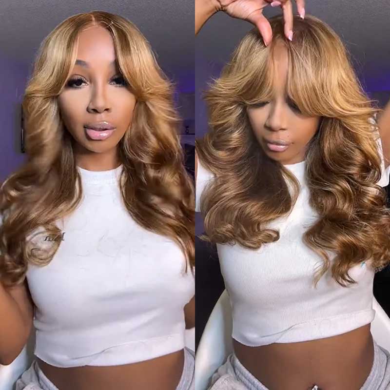 Alibonnie Blonde Highlight 13x4 Transparent Lace Frontal Wig Curtain Bangs Body Wave Human Hair Wig - Alibonnie