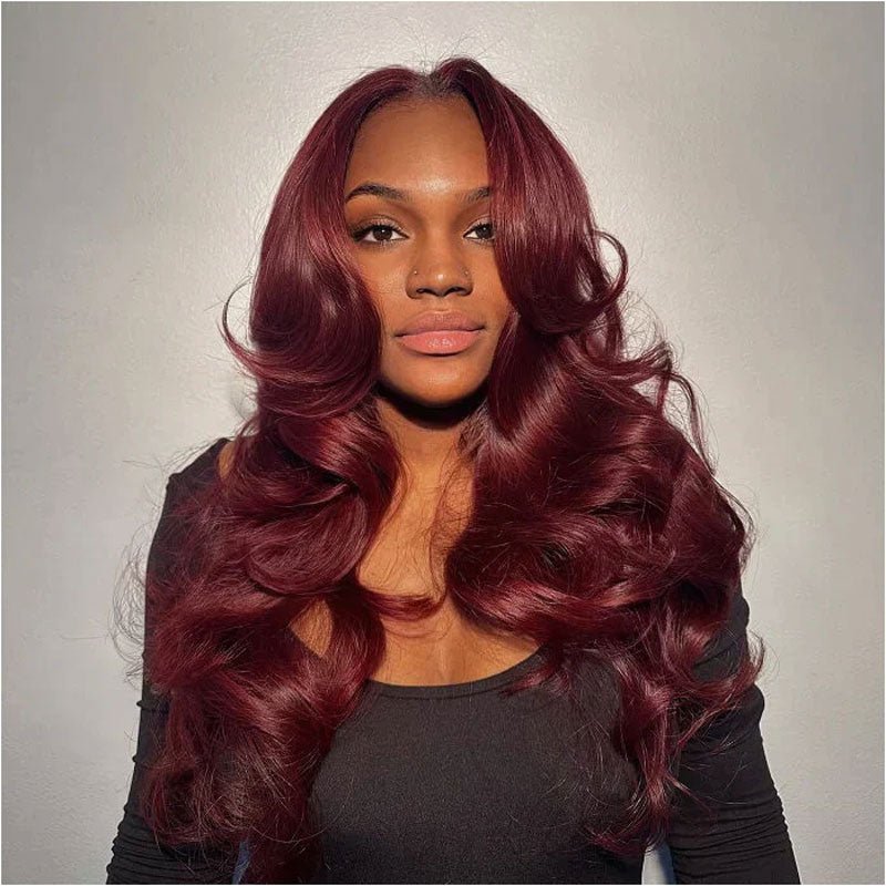 Alibonnie Burgundy 99j Curtain Bangs Body Wave Wig Pre Plucked 13x4 Transparent Lace Frontal Wig - Alibonnie