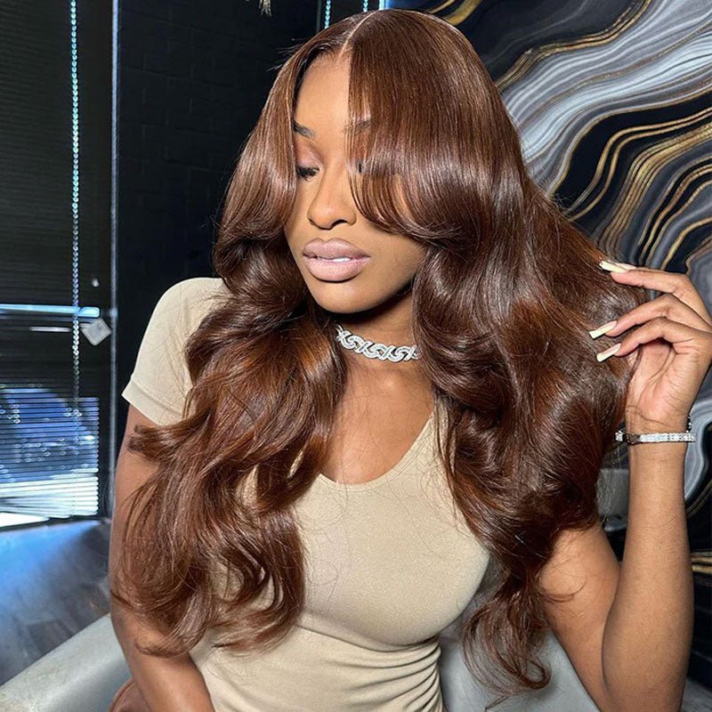 Alibonnie Pre Plucked 13x4 Tranpsarent Lace Curtain Bangs Body Wave Wig Butterfly Hair Cut Chestnut Brown Lace Wig - Alibonnie