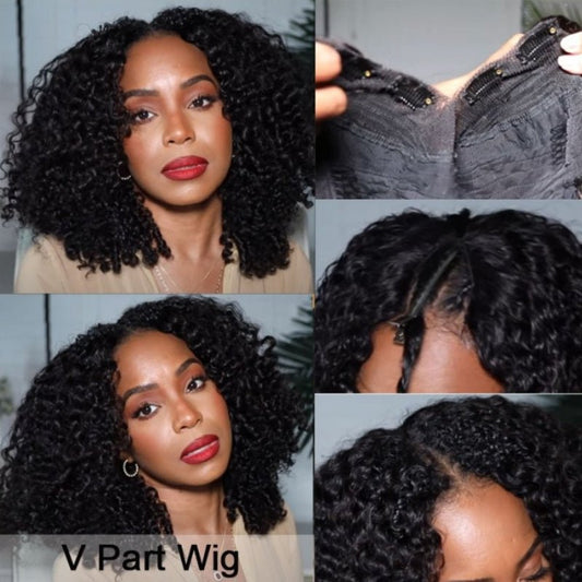 Beginner Friendly Thin V Part Wig Natural Scalp Curly Human Hair Upgrade U part Wig No Leave out - Alibonnie