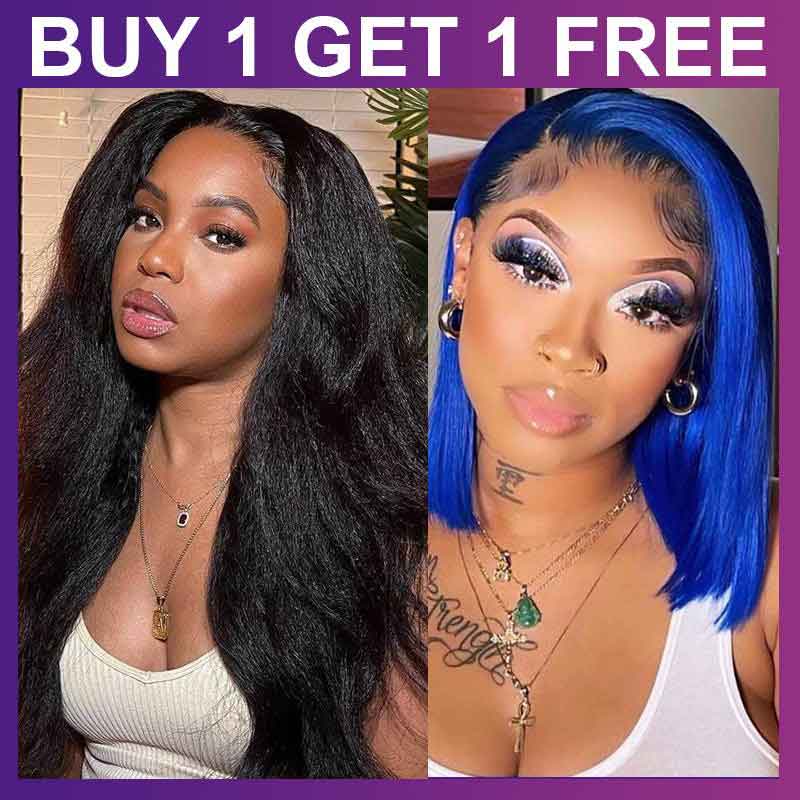 BOGO Free: 18 Inch 13x4 Lace Front Kinky Straight Wig & 10 Inch Blue Bob 4x4 Lace Closure 200% Dinsity - Alibonnie