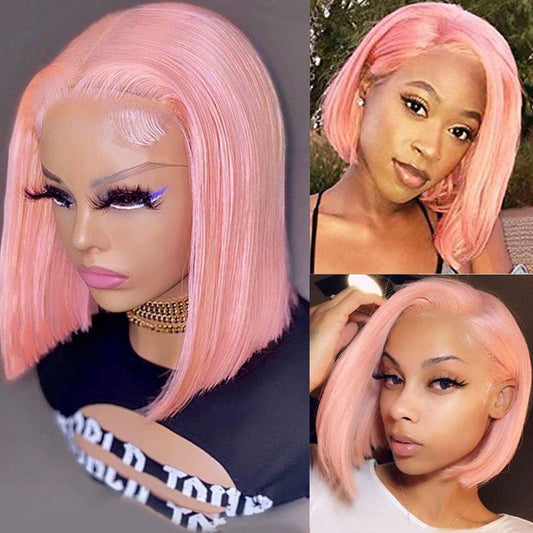 Pink Bob Lace Wigs Pre Plucked Natural Straight Human Hair Wig for Black Women - Alibonnie