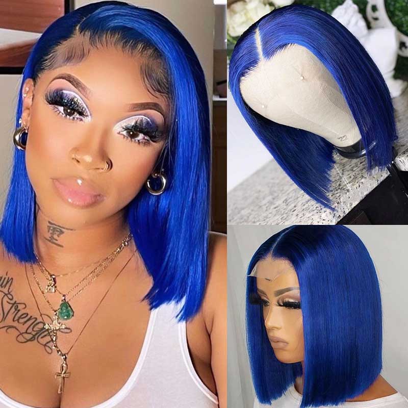 Short Blue Bob Wig Human Hair Pre Dark Blue Lace Front Human Hair Wig –  Alibonnie